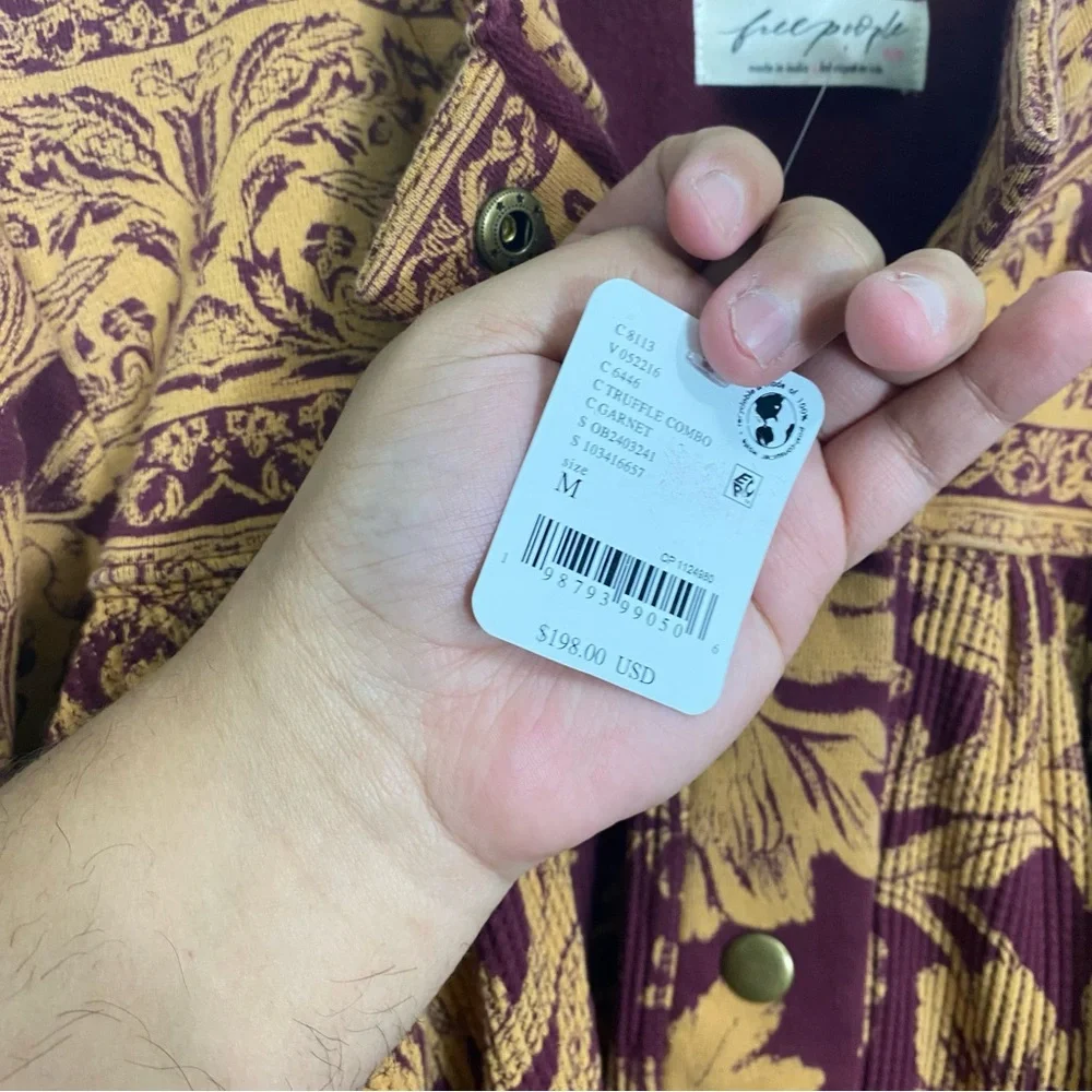 Free People‎ Emma Cardi Cardigan Floral Bird Puff Sleeve Medium Tan Purple